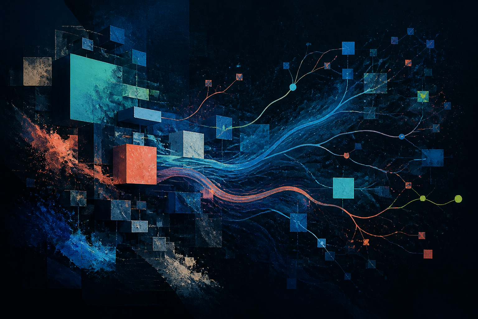 Abstract network of colorful modular nodes and branching pathways representing LegoFlow data workflows.